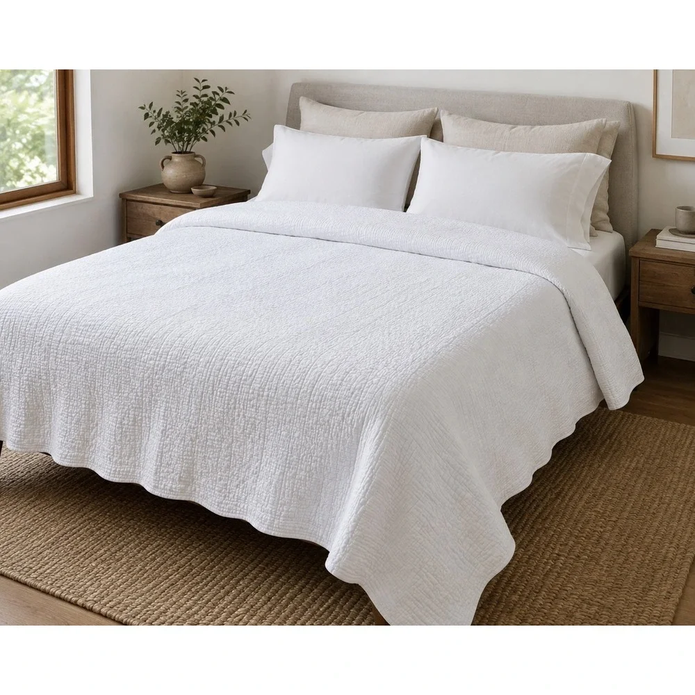 Restoration Hardware Quilt Queen White Excellent 100% Cotton Pick Stitch Texture